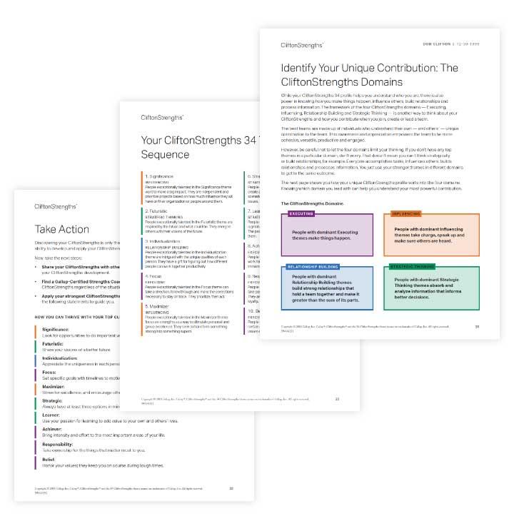 collage of CliftonStrenthgs Taking Action, CliftonStrenghts sequence and CliftonStrenghts Domains 